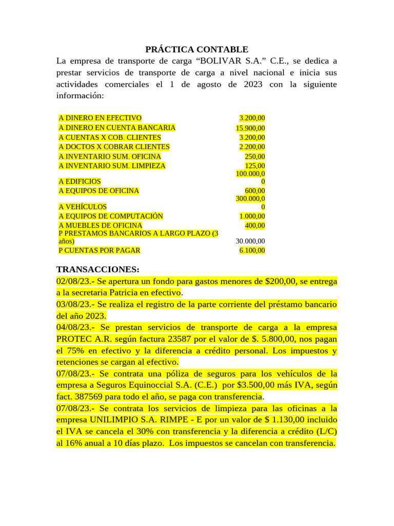 Práctica Contable Empresa Bolivar | PDF | Bancos | Transferencia bancaria