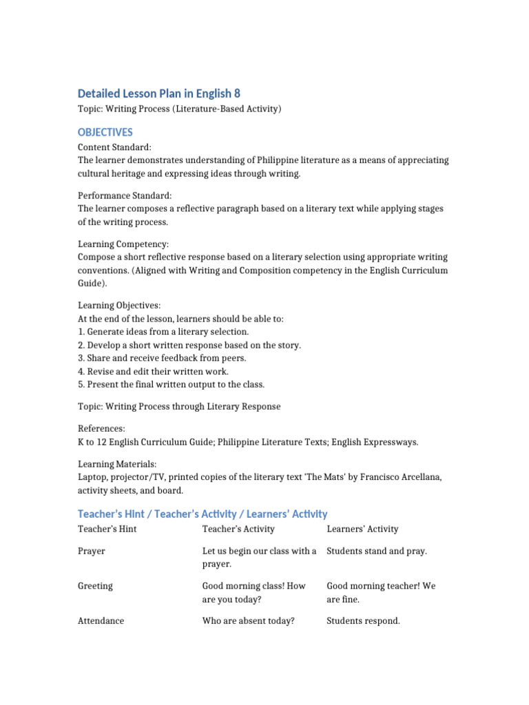 Detailed Lesson Plan Writing Process Grade8 | PDF | Lesson Plan ...