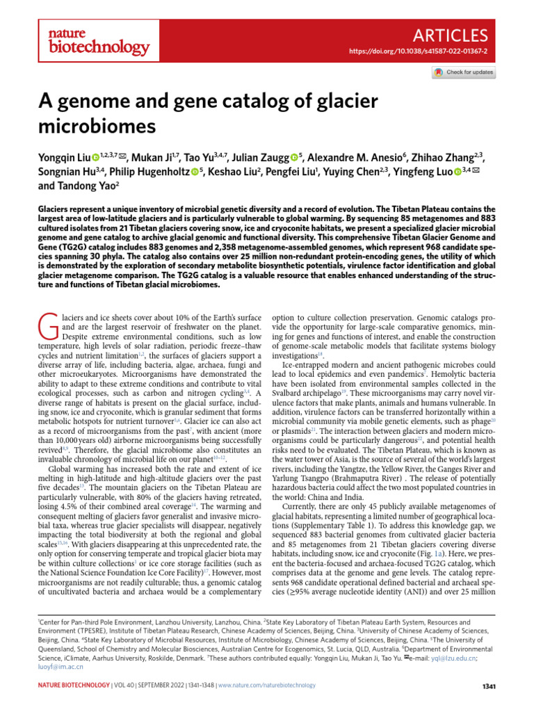 A Genome and Gene Catalog of Glacier Microbiomes | PDF | Microorganism ...