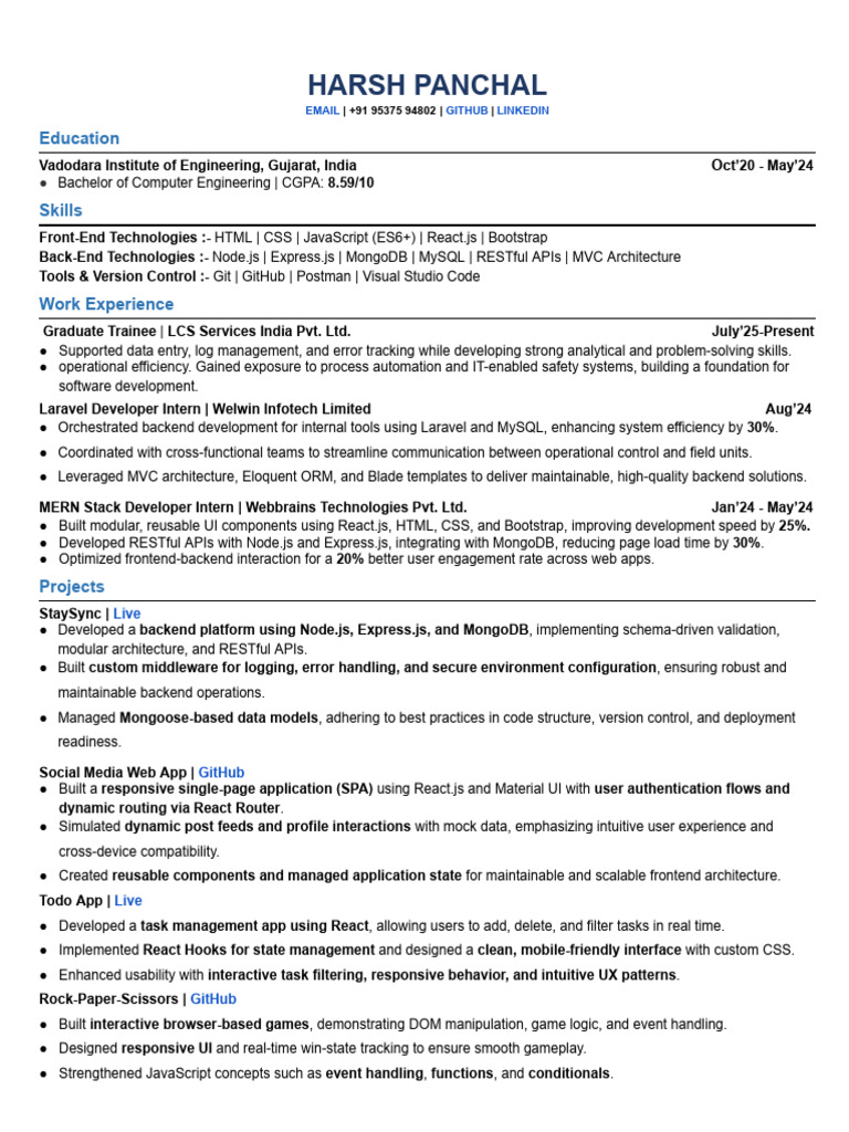 Harsh Panchal Resume | PDF | Computing | Software Engineering
