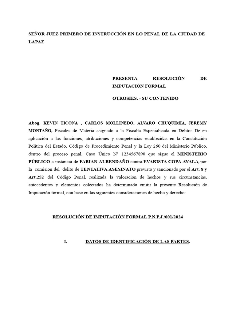 Señor Juez Primero de Instrucción en Lo Penal de La Ciudad de Oruro ...