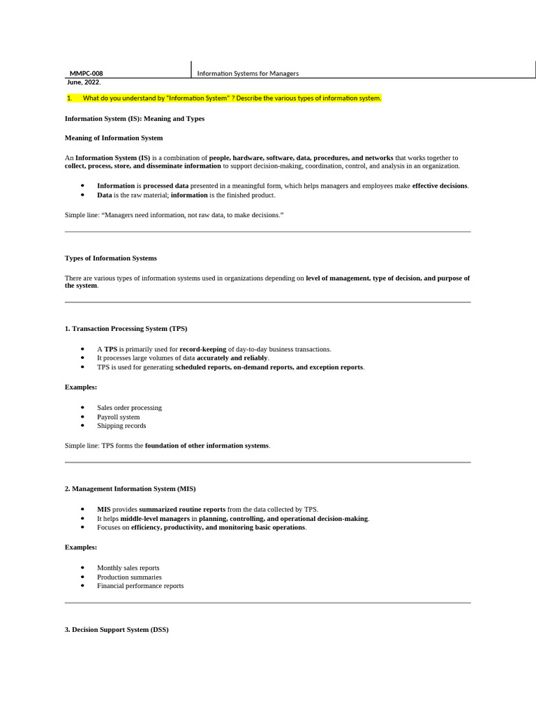 MMPC-008 Information Systems For Managers Done Print Done | PDF ...