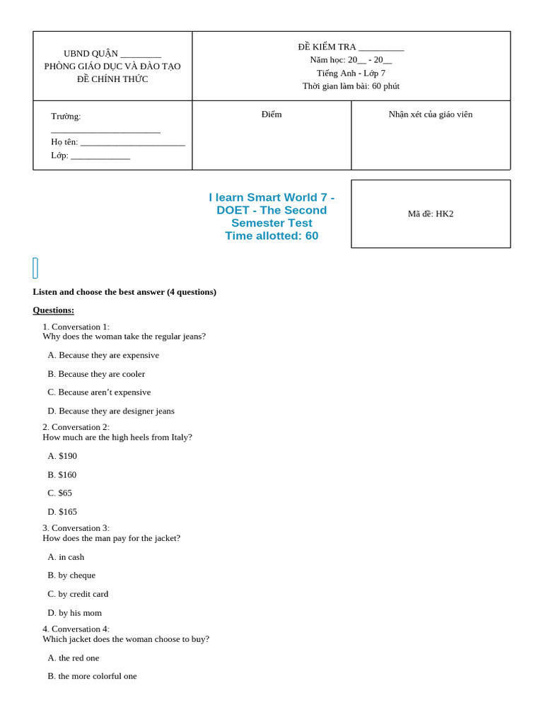 I Learn Smart World 7 - DOET - The Second Semester Test - HK2 | PDF