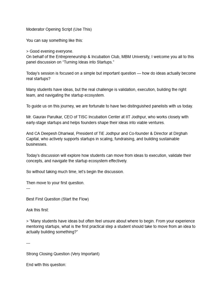 Moderator Opening Script (Use This) | PDF | Startup Company | Small ...