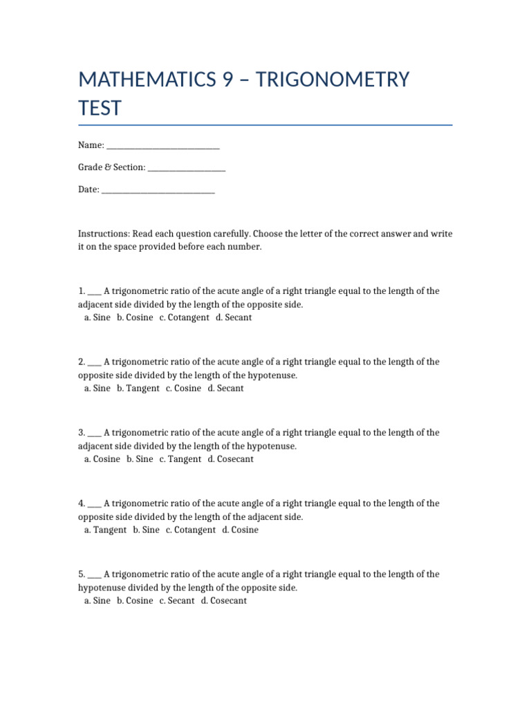 Grade9 Trigonometry Test Paper | PDF | Trigonometric Functions | Triangle