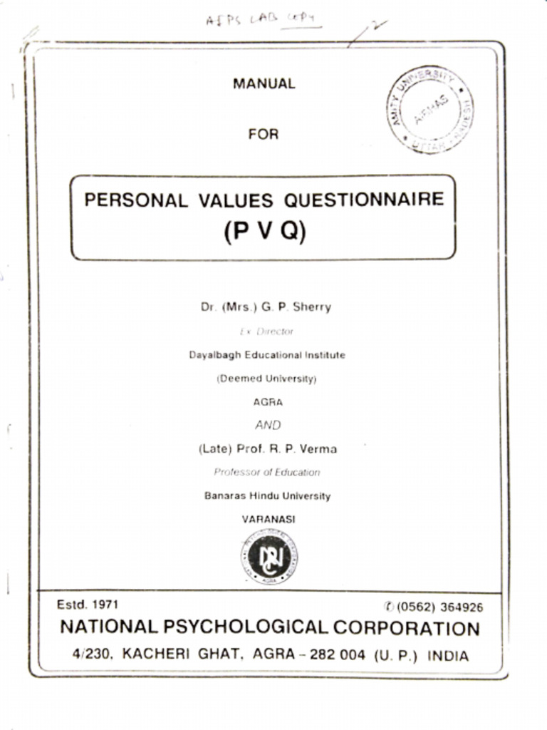 Manual For Personal Value Questionnaire | PDF