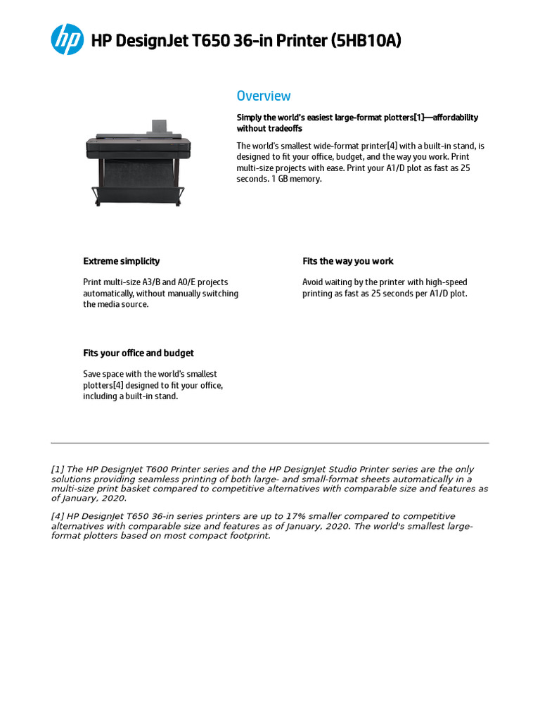 HP DesignJet T650 36-In Printer Datasheet | PDF | Printer (Computing ...