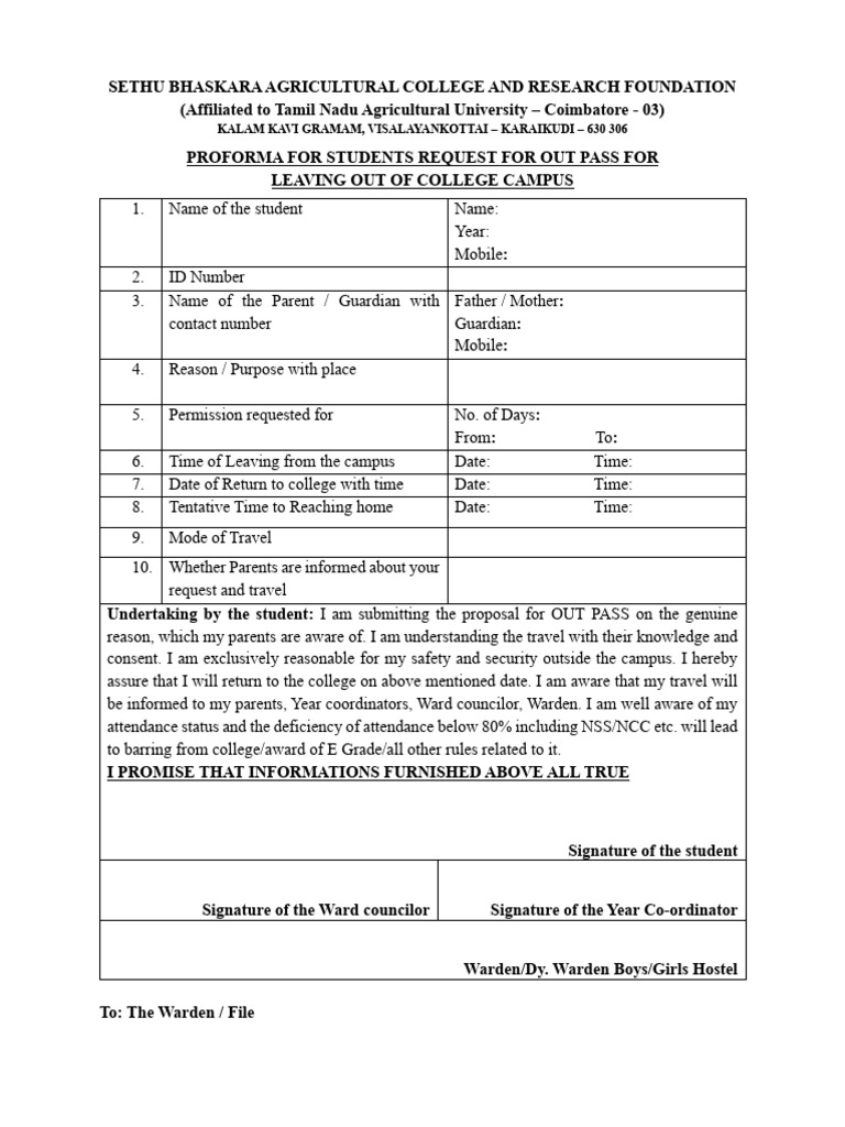 Proforma For Students Request For Out Pass | PDF