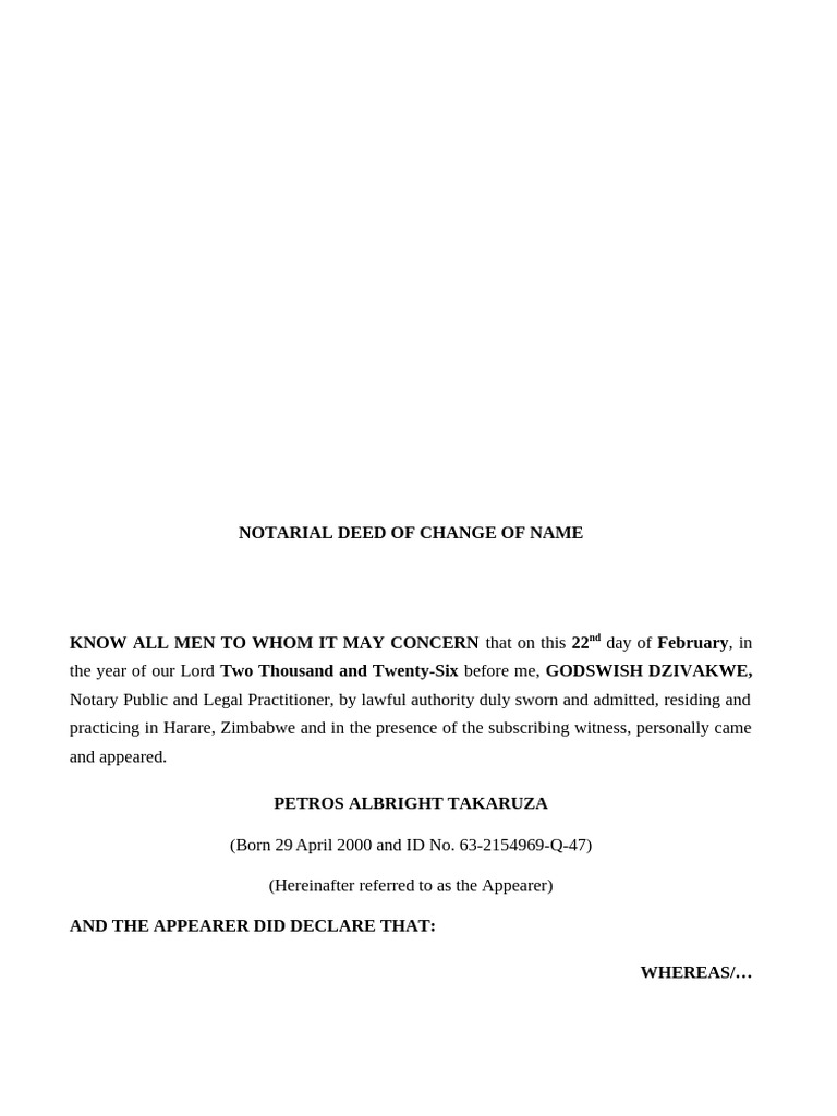 Petros Albright Takaruza-Notarial Deed of Change of Name | PDF | Notary ...