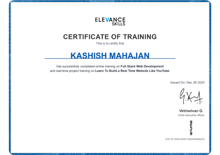 Elevanceskills Full Stack Web Development Training Certificate | PDF