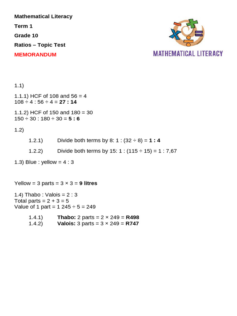 Topic Test - Ratios (Memo) | PDF