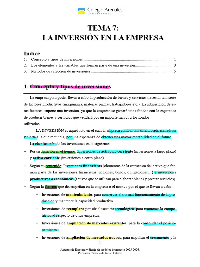 Tema 7 La Inversion en La Empresa. 25-26 | PDF | Inversiones | Business