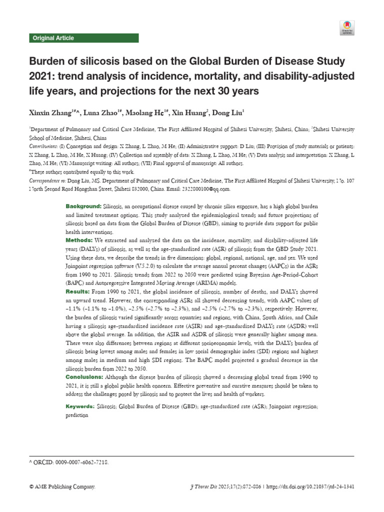 Burden of Silicosis Based On The Global Burden of Disease Study 2021 ...