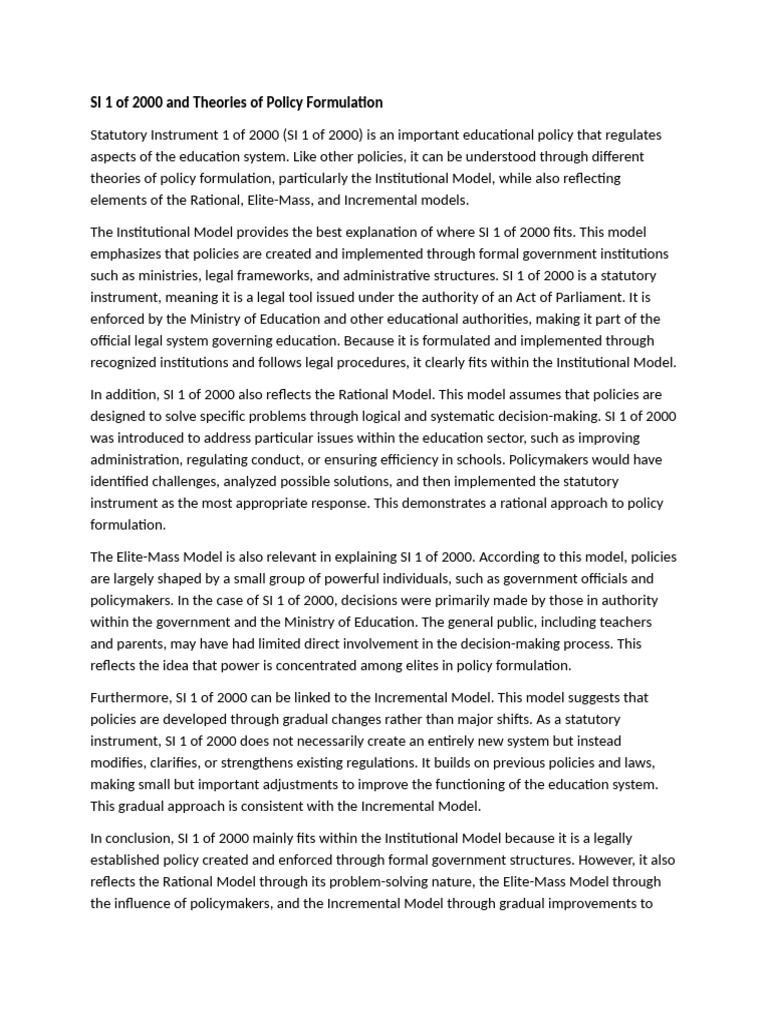 SI 1 of 2000 and Theories of Policy Formulation | PDF | Policy ...