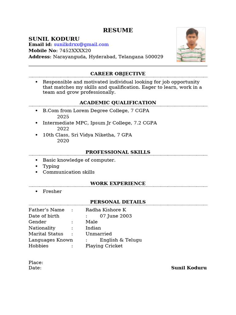 Student First Job Resume Format For Freshers | PDF