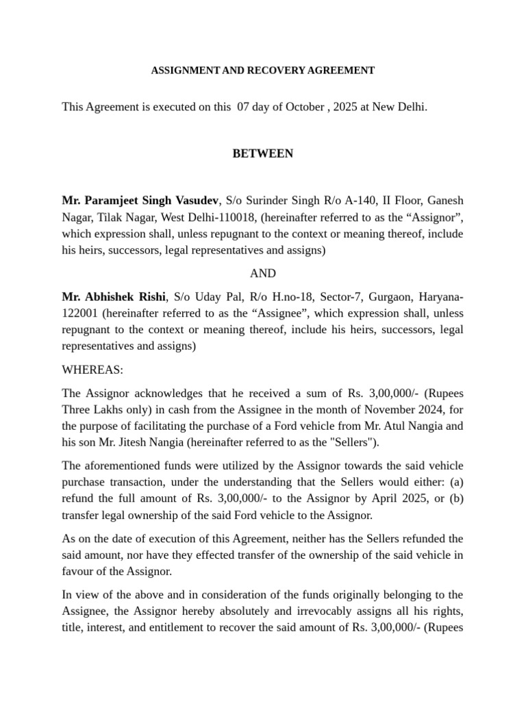 Assignment and Recovery Agreement Paramjeet | PDF | Assignment (Law ...