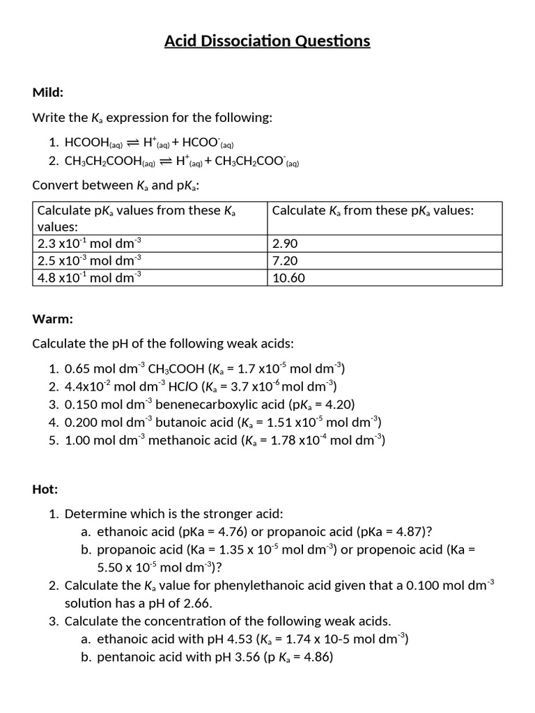 Acid Dissociation Questions | PDF