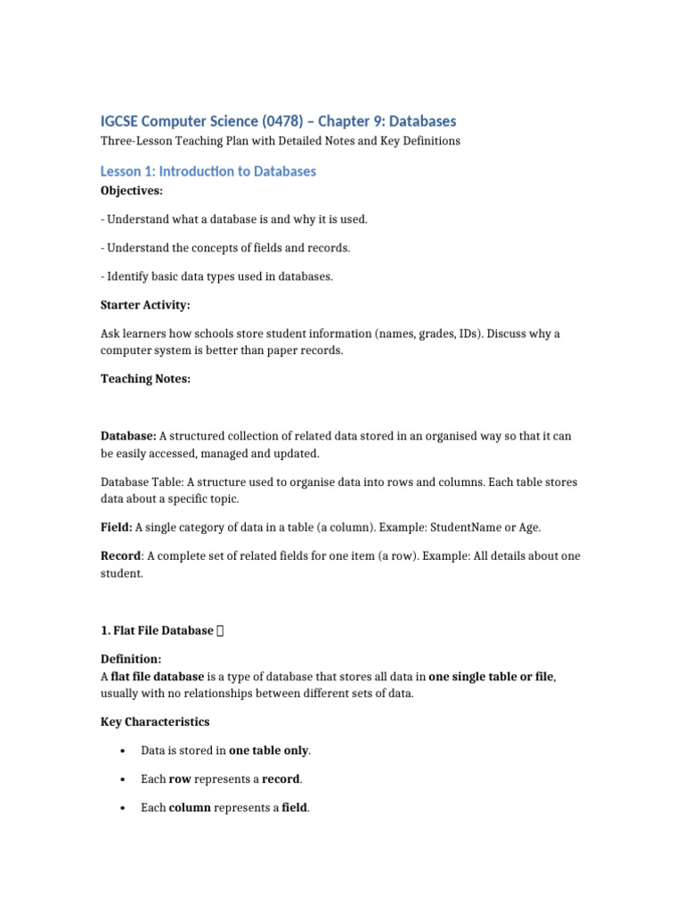 IGCSE 0478 Databases Lesson Plans | PDF | Databases | Sql
