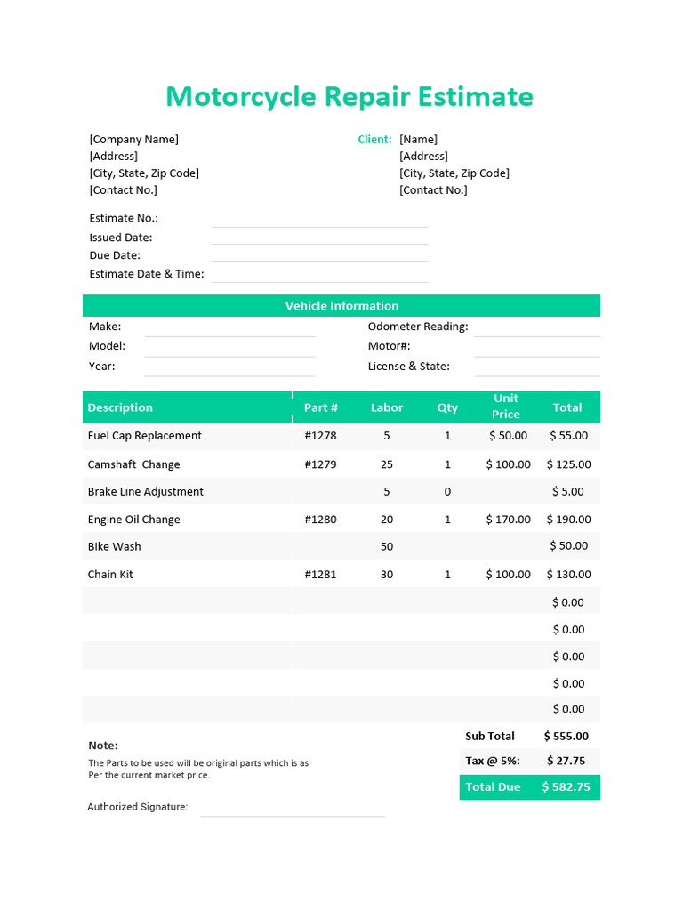 Motorcycle Repair Estimate | PDF | Motorcycling | Transport