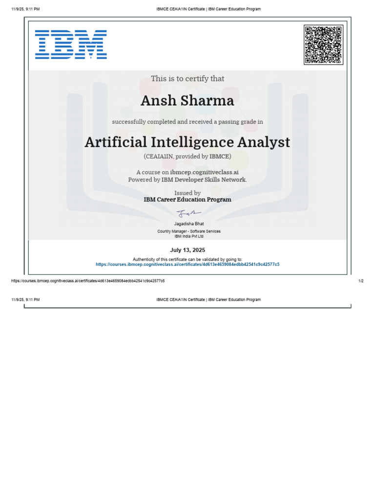 IBMCE CEAIA1IN Certificate - IBM Career Education Program | PDF