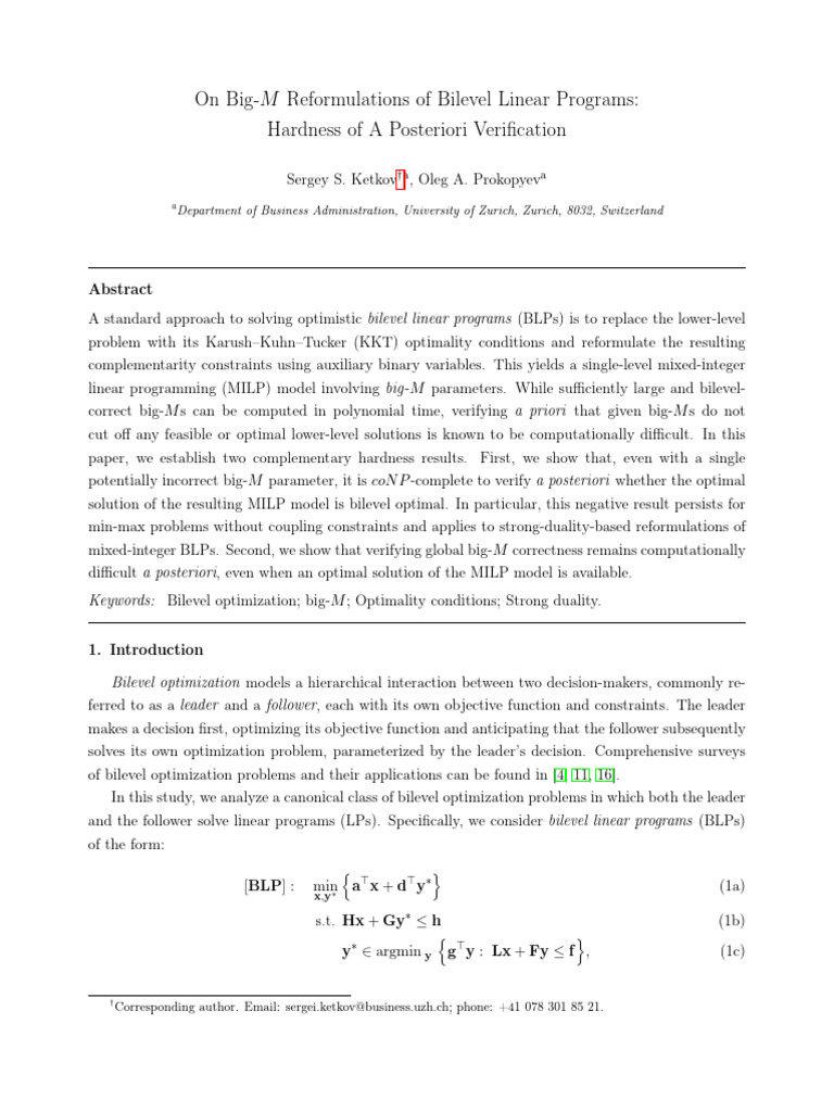 On Big-M Reformulations of Bilevel Linear P | PDF | Linear Programming ...