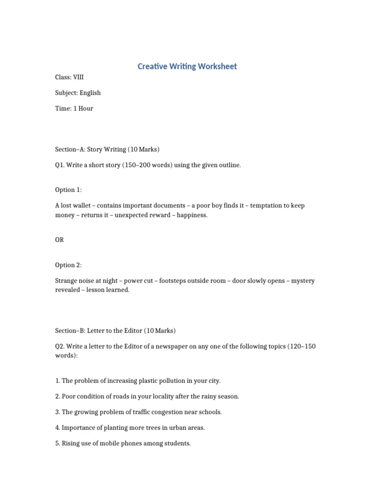 Creative Writing Worksheet | PDF