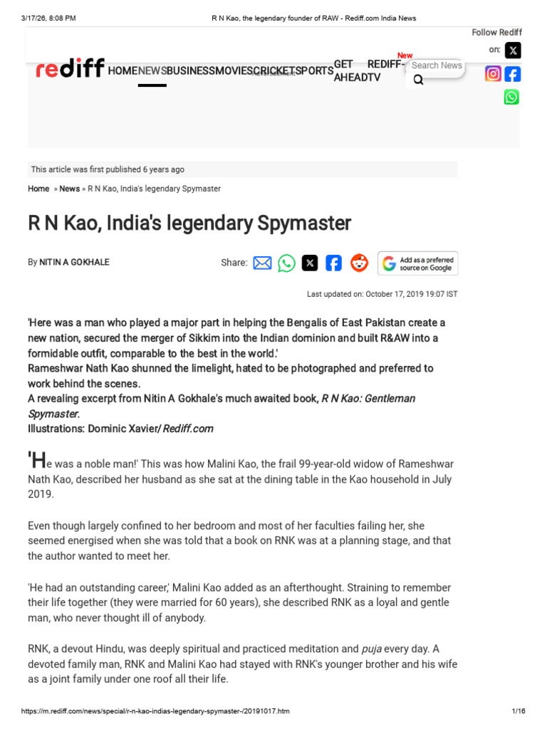 R N Kao, The Legendary Founder of RAW - Rediff - Com India News | PDF