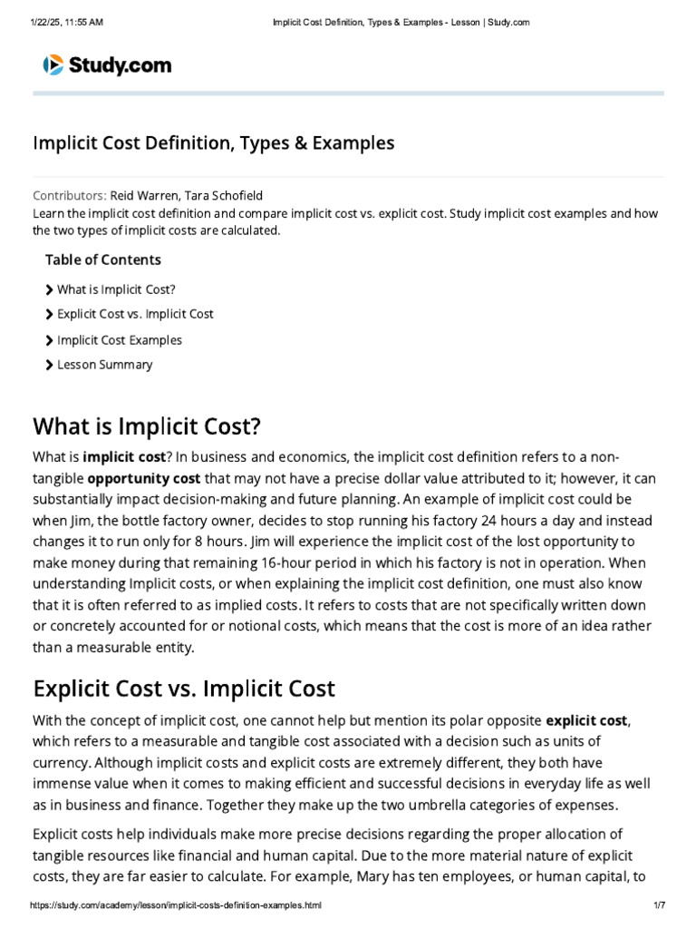 009 Implicit Cost Definition, Types & Examples - Lesson - Study | PDF