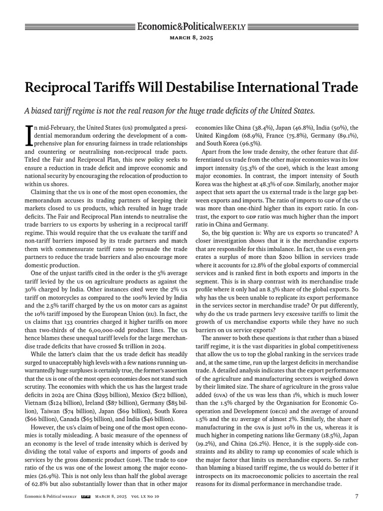 Reciprocal Tariffs Will Destabilise International Trade EPW (March 8 ...
