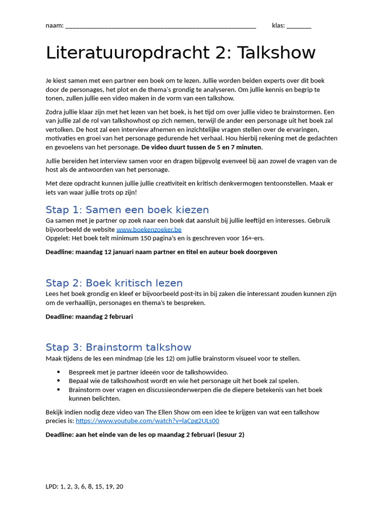 1 Instructies Literatuuropdracht - Talkshow | PDF