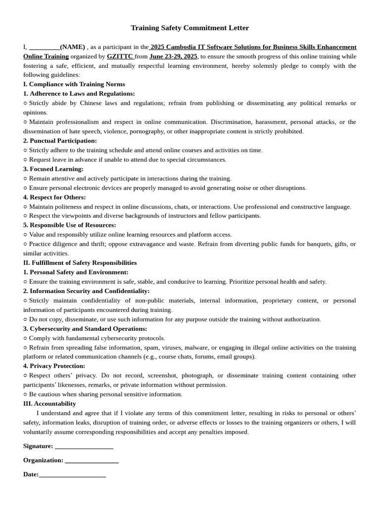 Training Safety Commitment Letter | PDF | Computer Security | Security