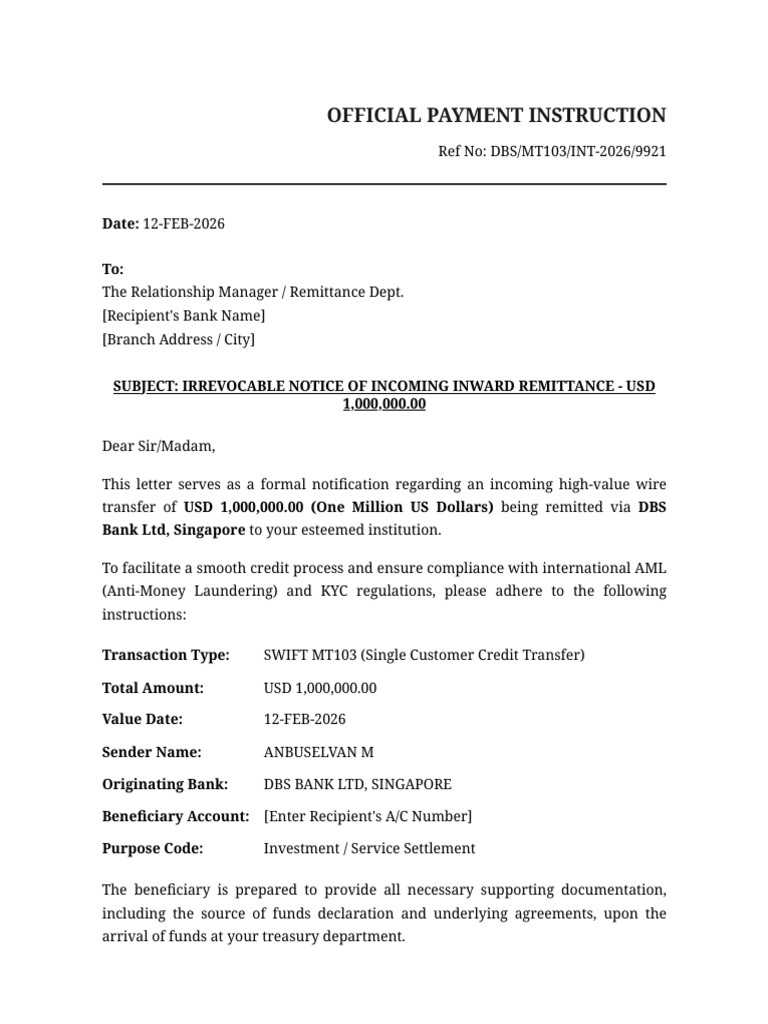 Payment Instruction Letter - USD 1M | PDF