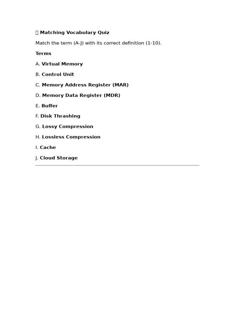 Computer Science Matching Vocabulary Quiz | PDF