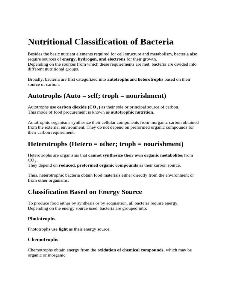 Nutritional Classification of Bacteria | PDF | Photosynthesis | Biology