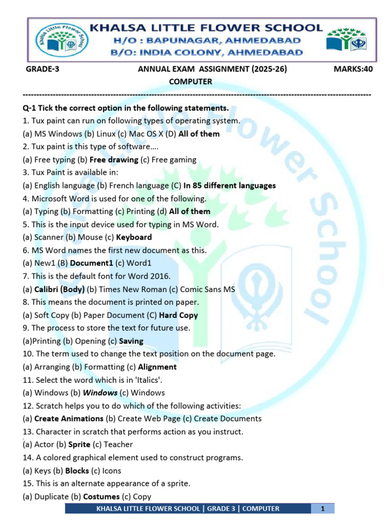Grade-3 Computer Annual Exam Assignment | PDF | Microsoft Word | Software