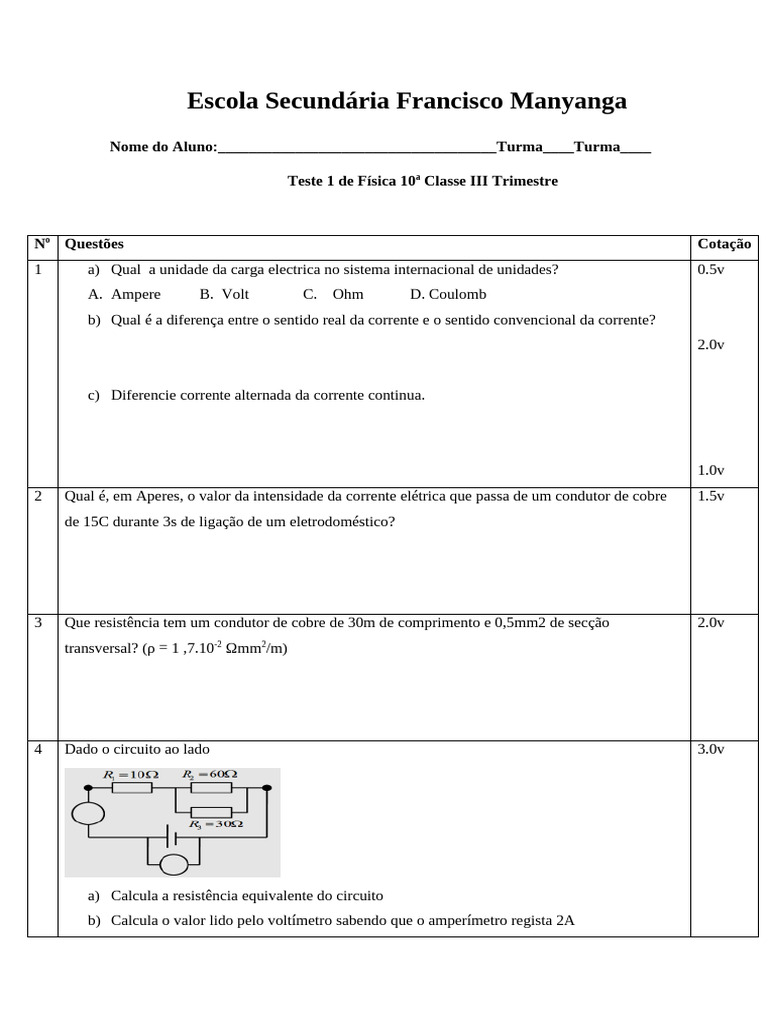 Teste 1 III Trimestre Escola Secundaria Francisco Manyanga | PDF ...