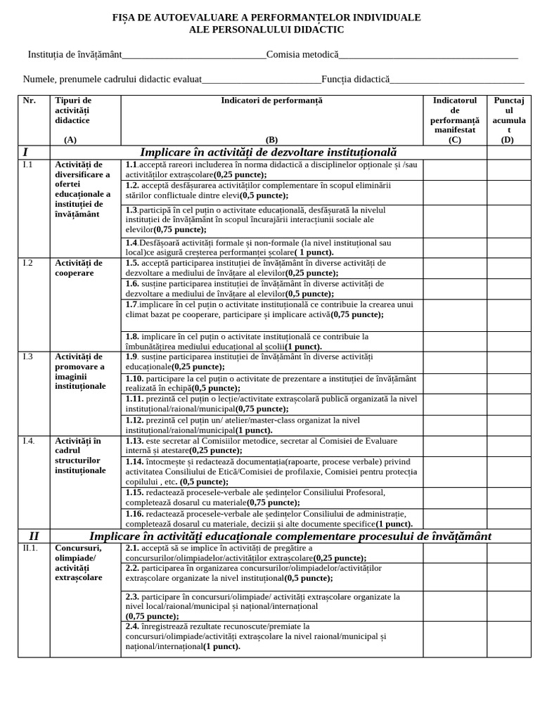 Fișa de Autoevaluare A Performanțelor Individuale | PDF