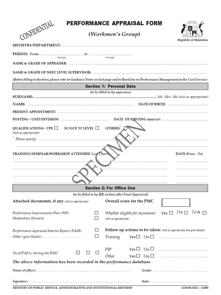 Peformance Appraisal Form - Workmen Specimen | PDF