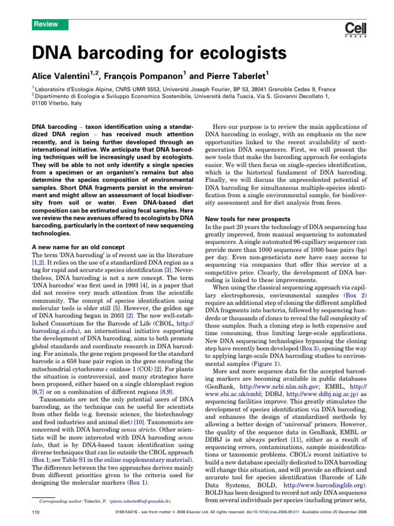 DNA Barcoding For Ecologists | PDF | Dna Sequencing | Species