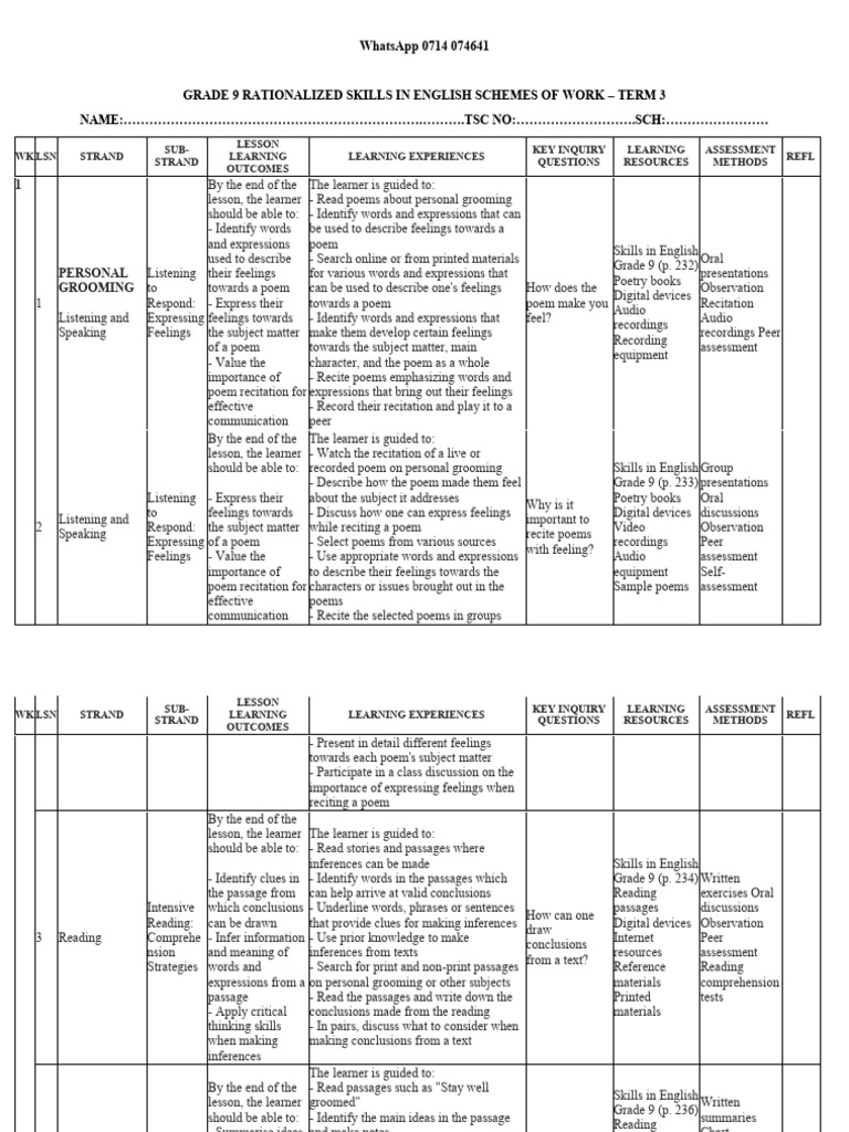 Grade 9 Term 3 English Schemes Skills | PDF | Reading Comprehension ...