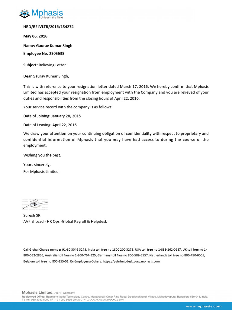 Relieving Letter - 2305638 | PDF