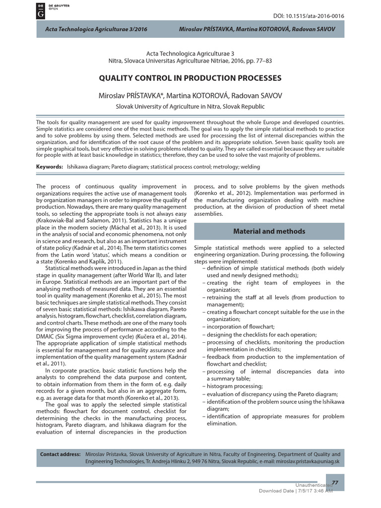 Quality Control in Production Processes | PDF | Statistics | Six Sigma