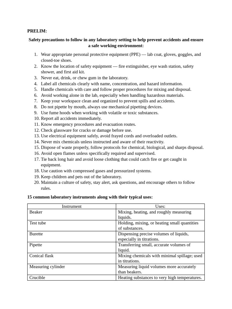 Prelim Lab Notes | PDF | Laboratories