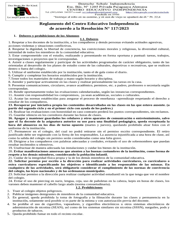 Reglamento Del Centro Educativo Independencia de Acuerdo A La ...