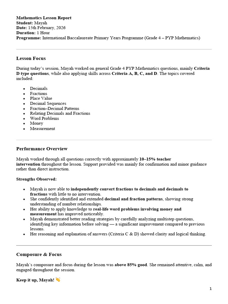 Mathematics Lesson Report - Mayah - 15th February, 2026 | PDF ...