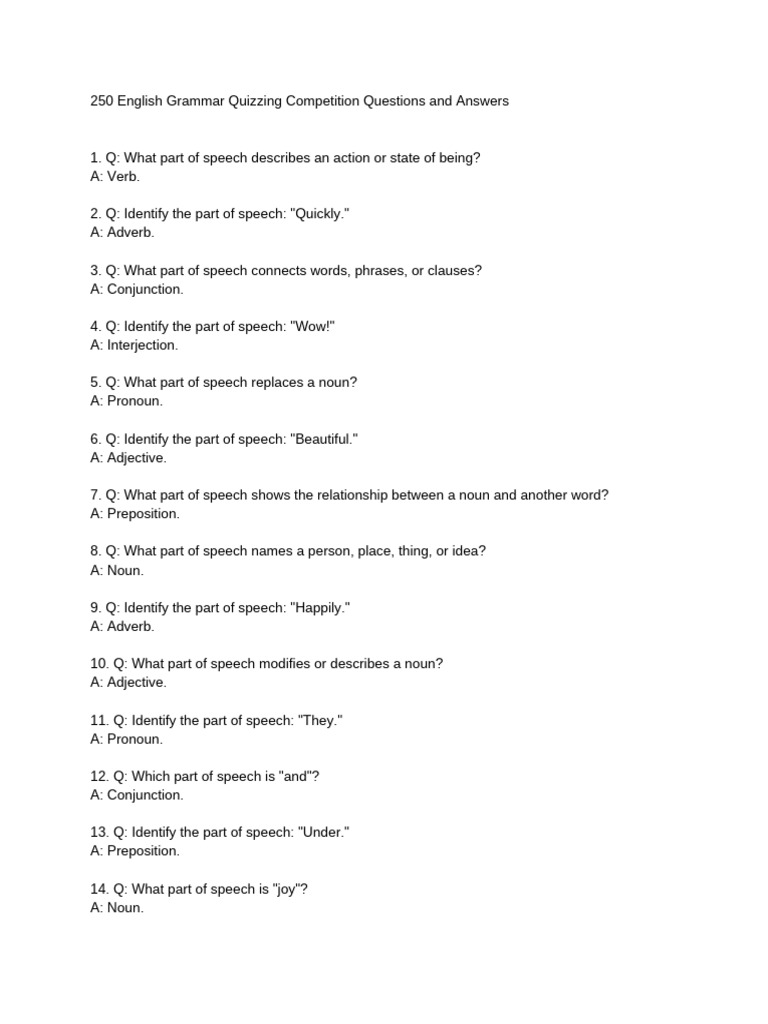 250 English Grammar Quizzing Competition Questions and Answers | PDF ...