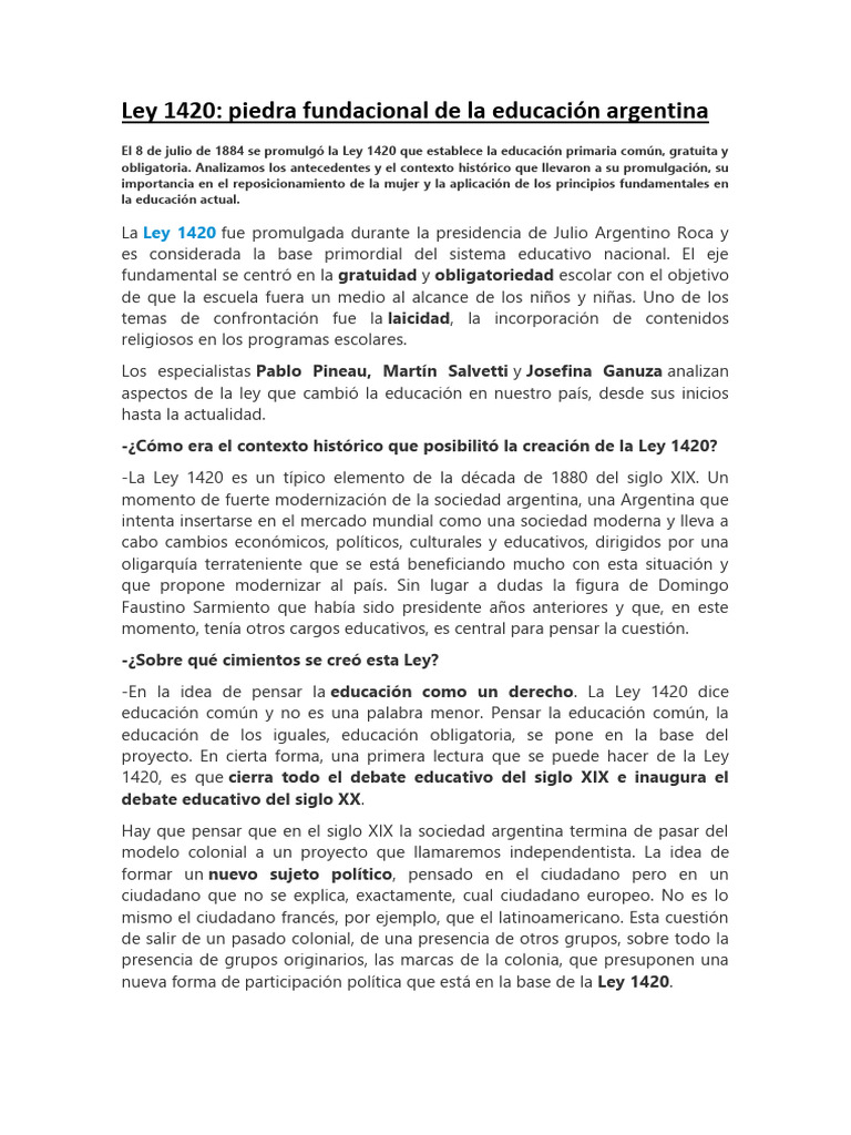 Ley 1420 Piedra Fundacional de La Educacion Argentina | PDF