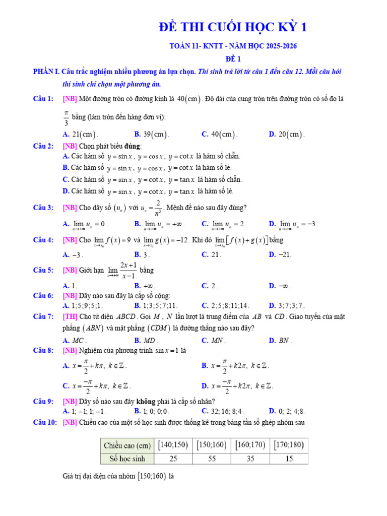 KNTT - de Cuoi Ky 1-11 - de So 1 | PDF