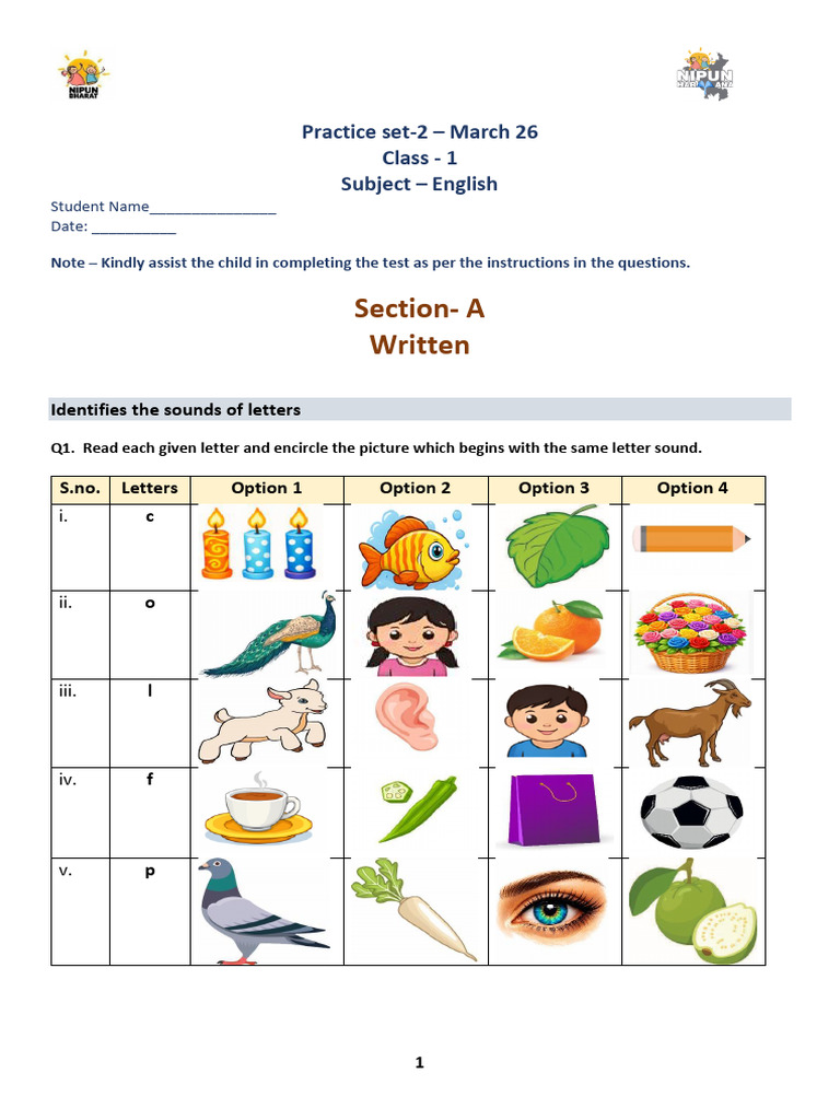 Grade 1 - English - Sample Paper 2 | PDF | Linguistics