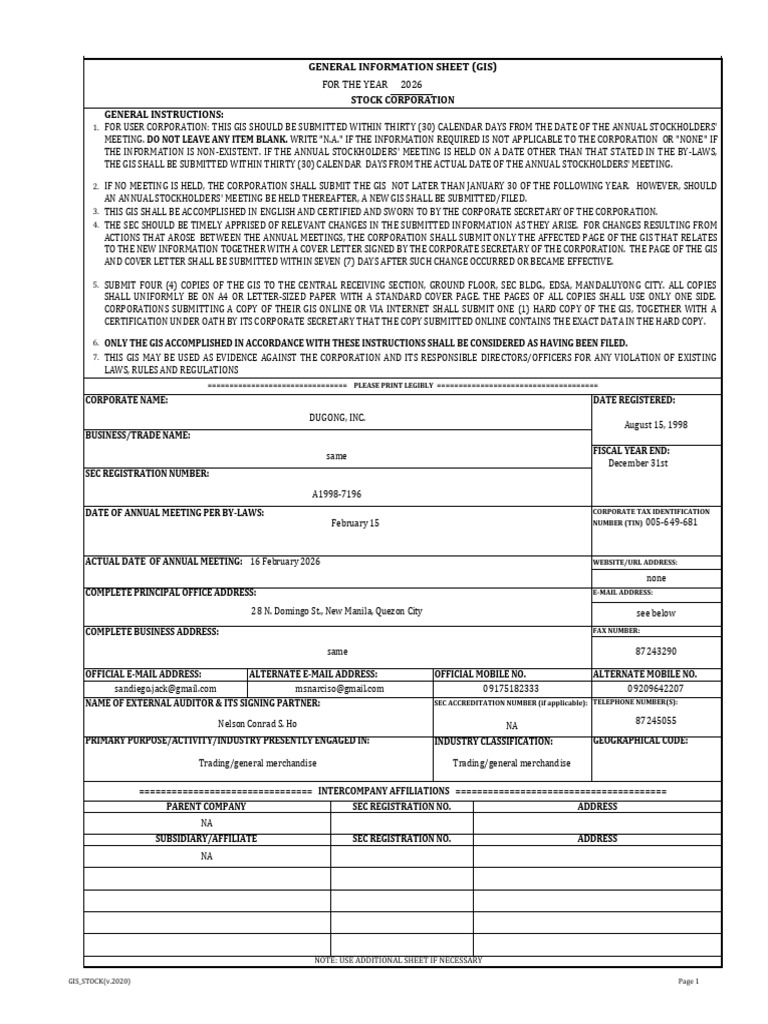 Dugong GIS-2026-2020-GIS-form | PDF | Securities (Finance) | Shareholders